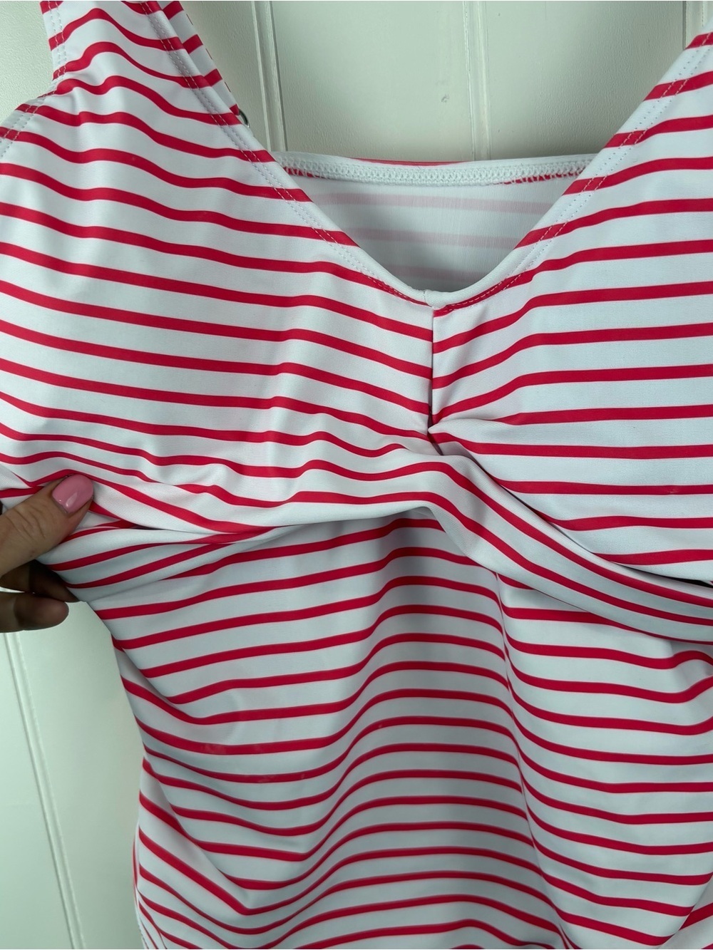Striped Tankini Swim Top – Red & White Tie Side XL Coastal Summer